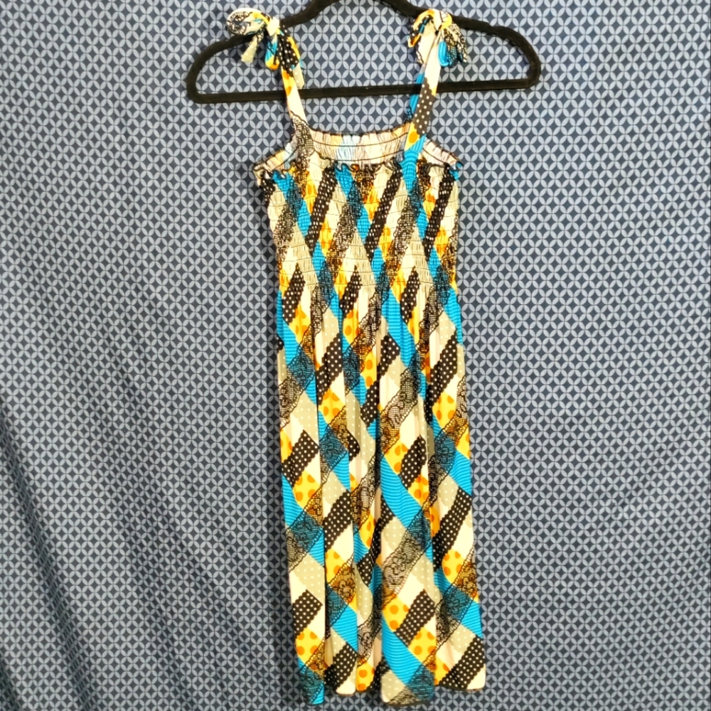 FC - Blue, tan, black and grey plaid sundress with scrunched top. Size- M/L